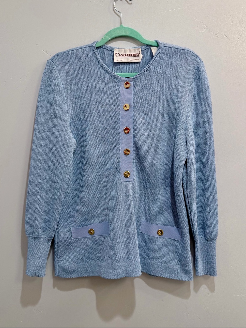 Vintage 70s Castleberry Knit Henly Tunic Top Light Blue Gold Buttons Size M / L - Picture 3 of 14